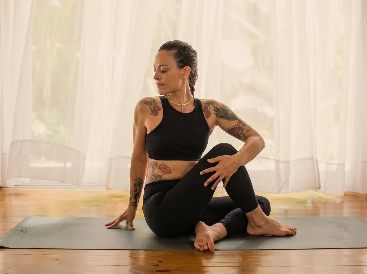 Kety Monteiro durante uma postura de Yoga na sala de prática