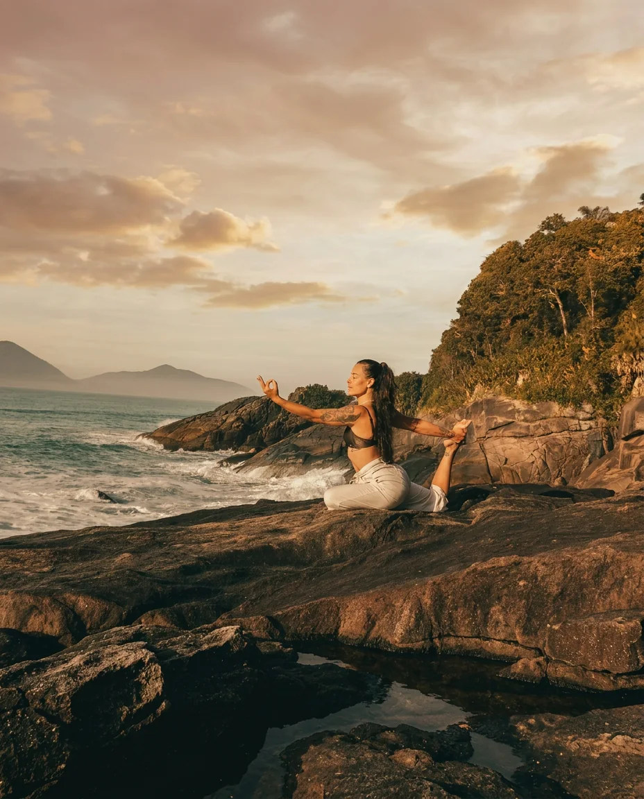 Kety Monteiro praticando Yoga à beira-mar