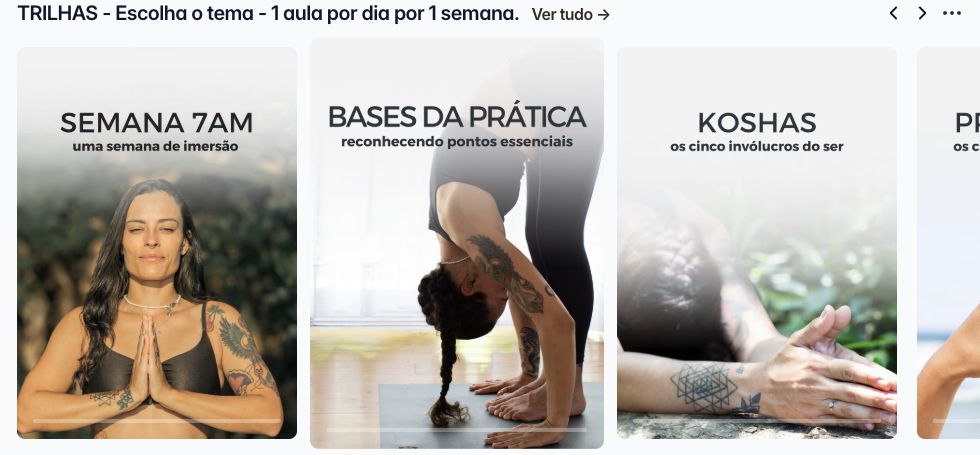 Trilhas da biblioteca, incluindo Semana 7AM, Bases da Prática e Koshas